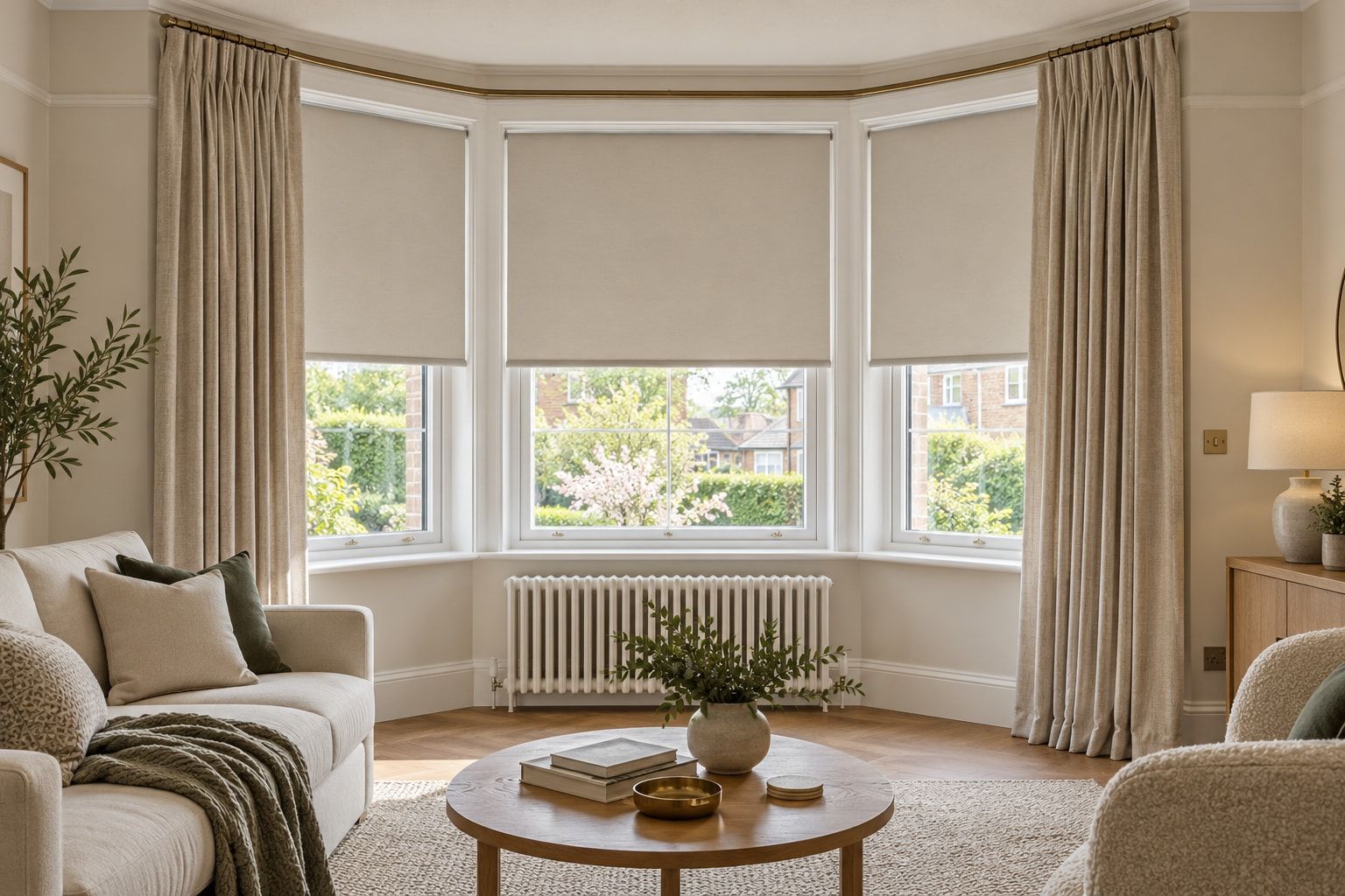 Bay window with roller blinds and curtains