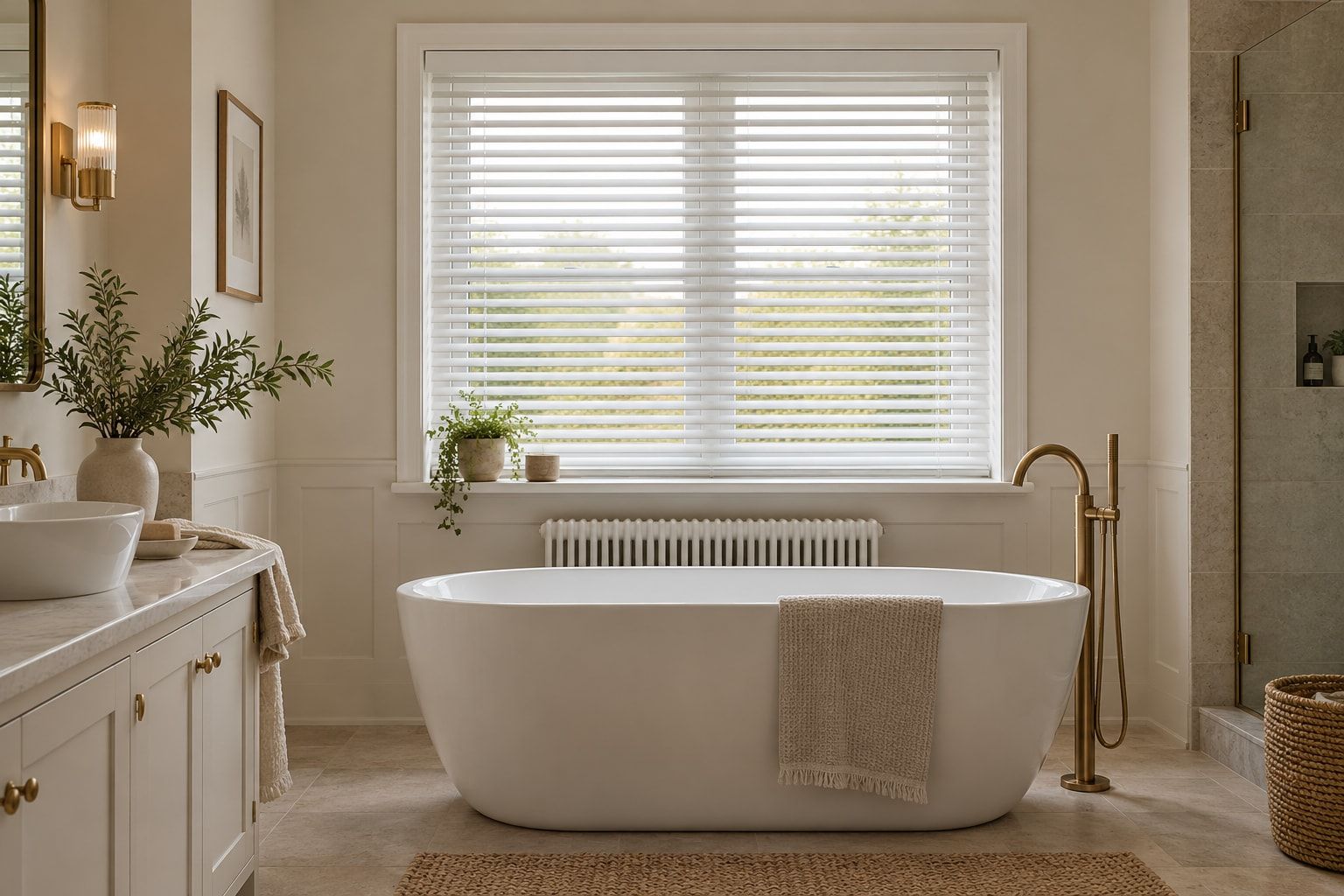 Bathroom with a faux wood Venetian blind