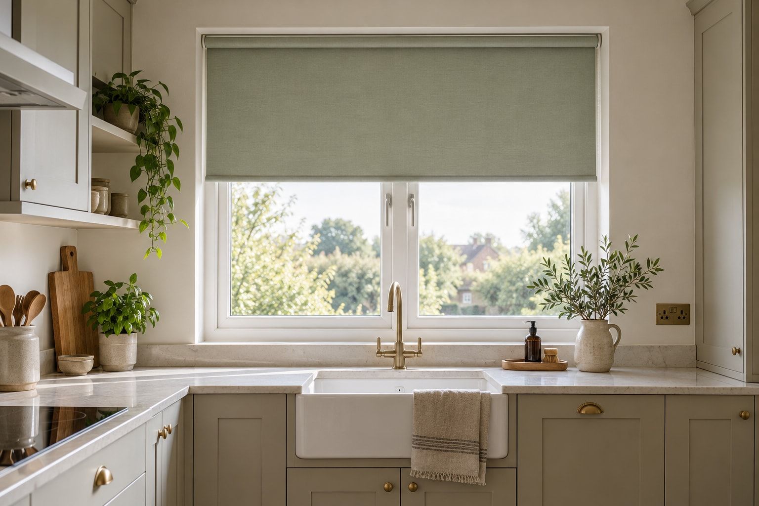 Shaker kitchen with a sage roller blind