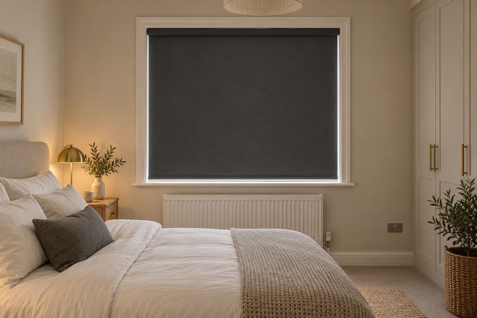 Charcoal blackout blind in a calm, dark bedroom