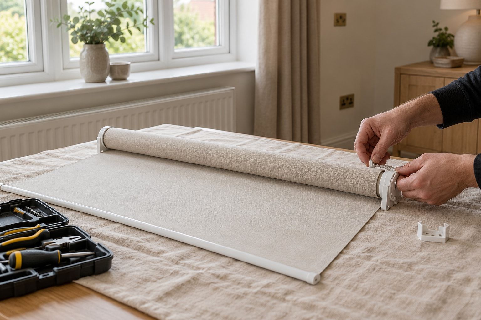 Roller blind mechanism being repaired