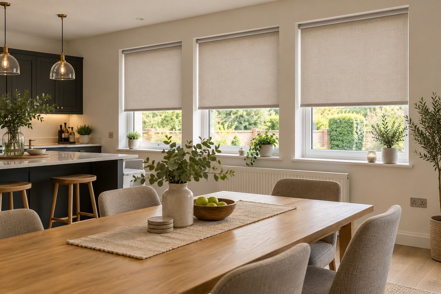 Kitchen-diner with matching roller blinds