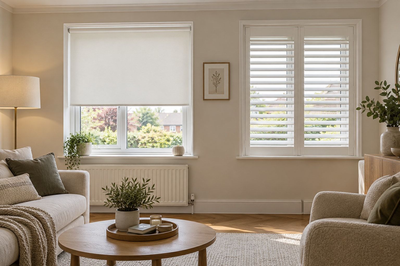 A roller blind and shutters side by side