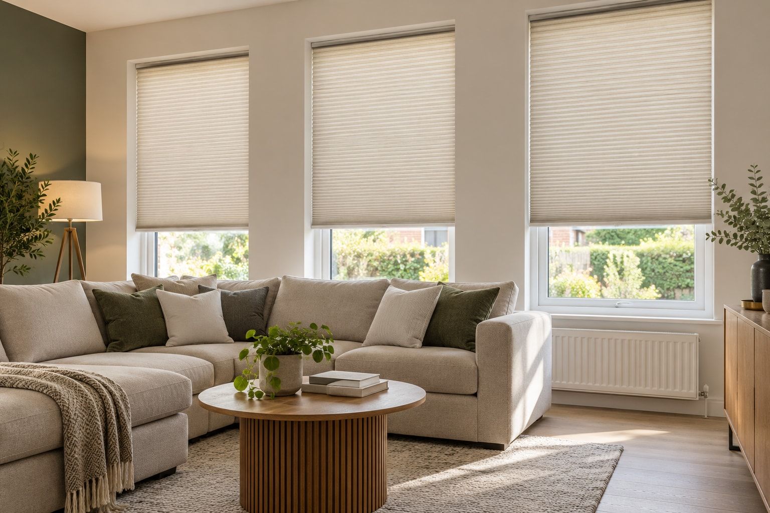 Contemporary lounge with pleated blinds