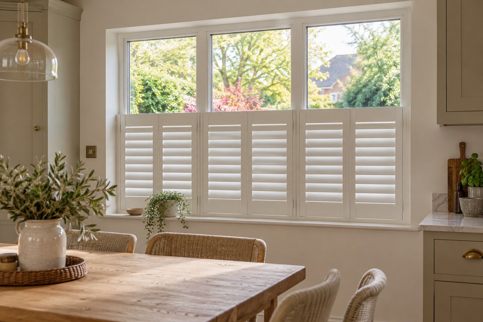 Café-style shutters on the lower half of a kitchen window