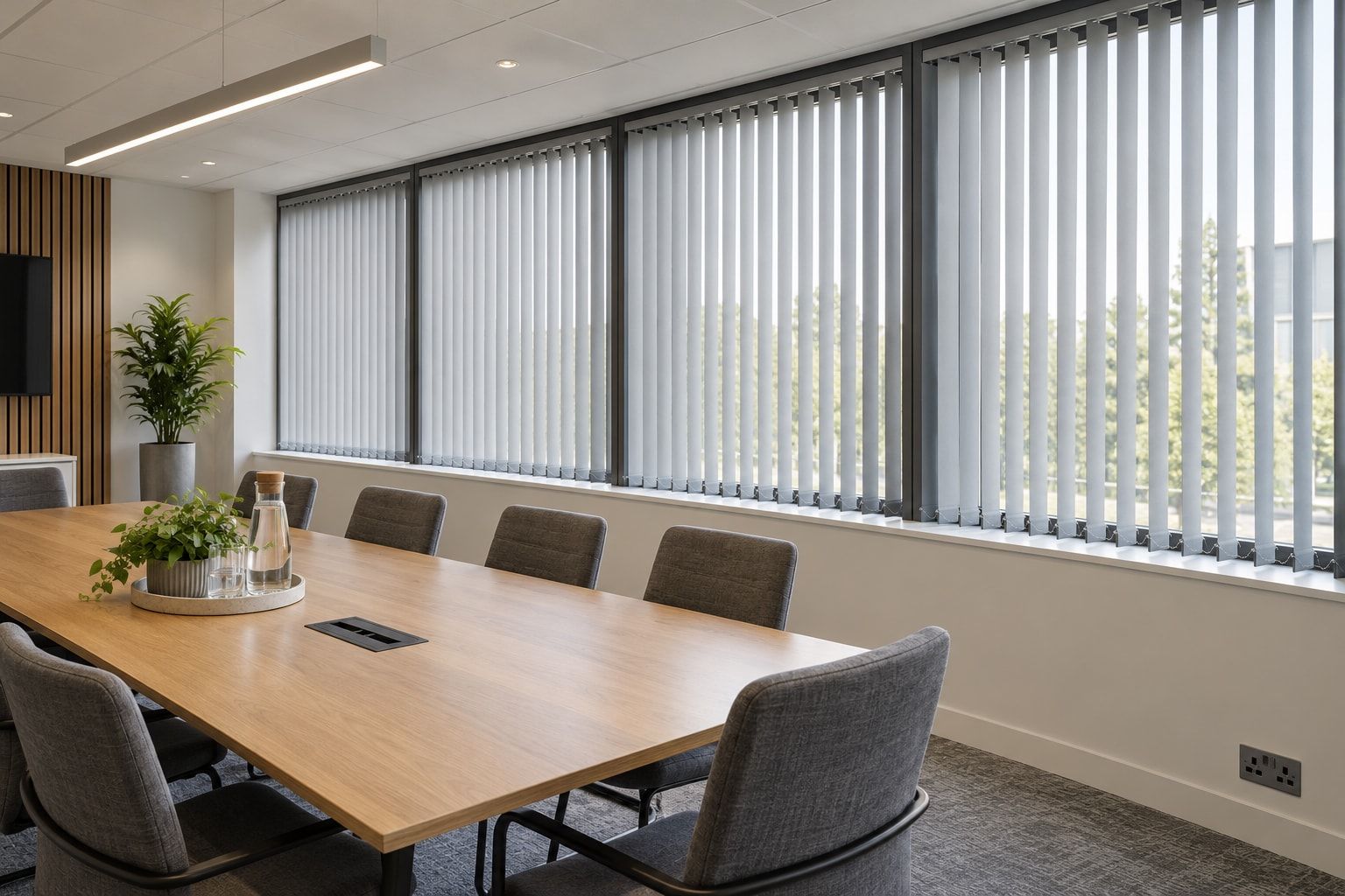 Office meeting room fitted with vertical blinds