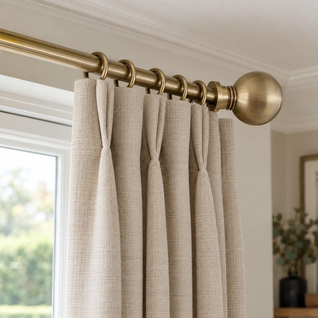 Brushed brass curtain pole finial and rings