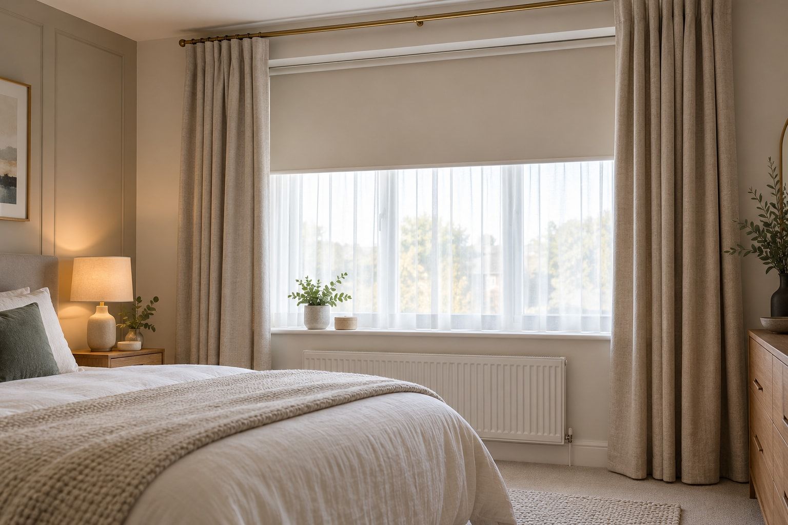 Window layered with a blind, voile and curtains