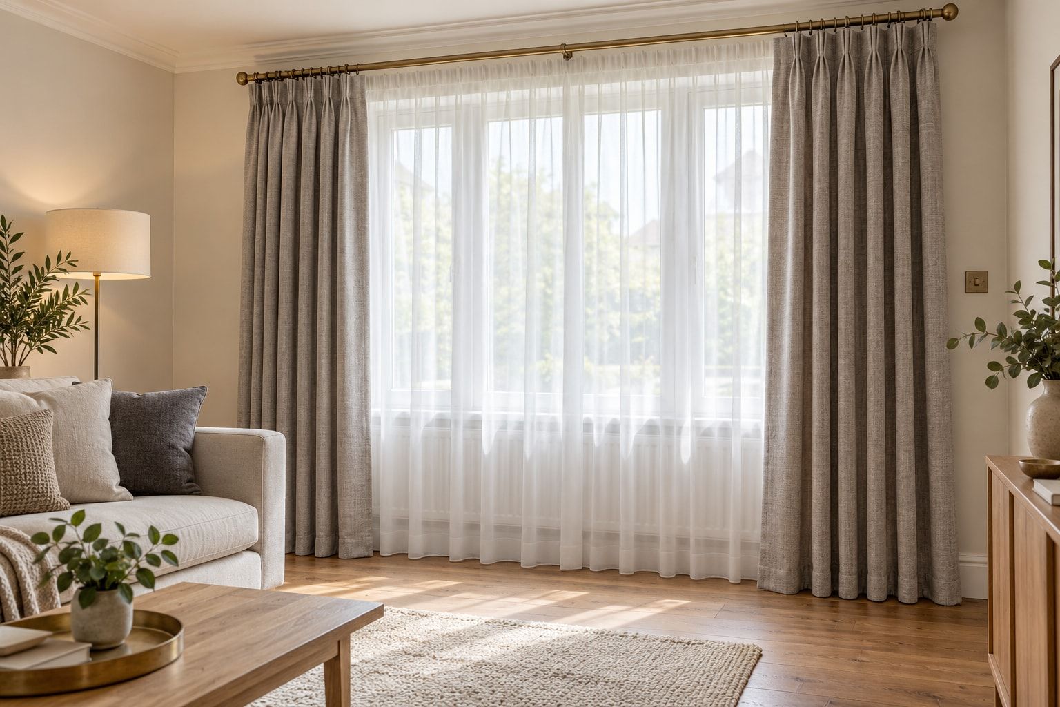 Grey linen curtains and white voiles in a living room