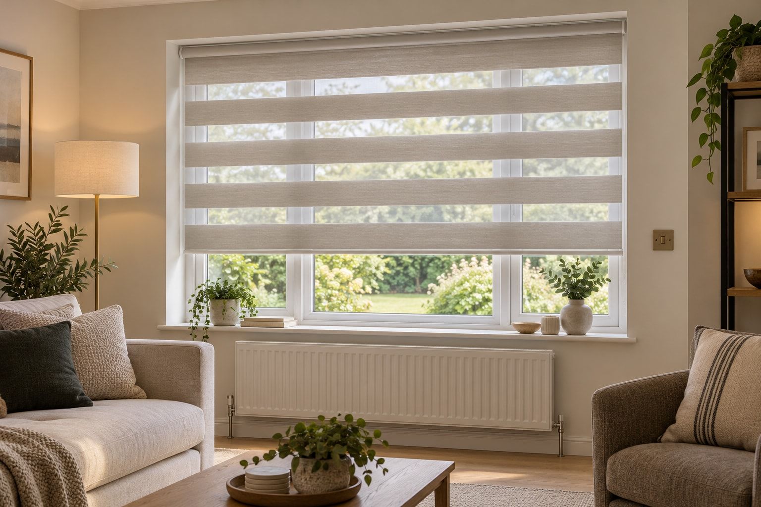 Day and night blind with the garden visible through it