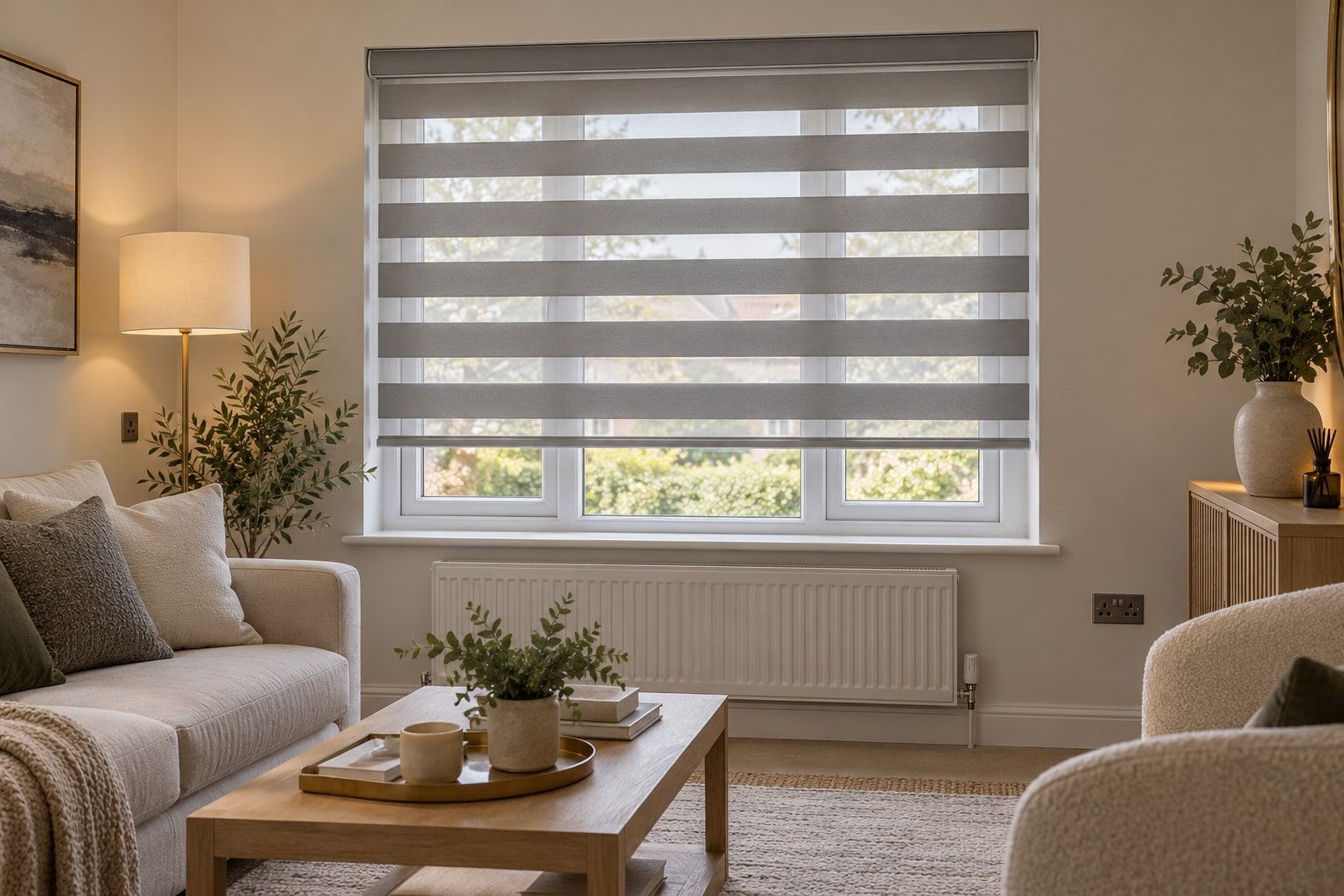 Day and night blind filtering light in a lounge