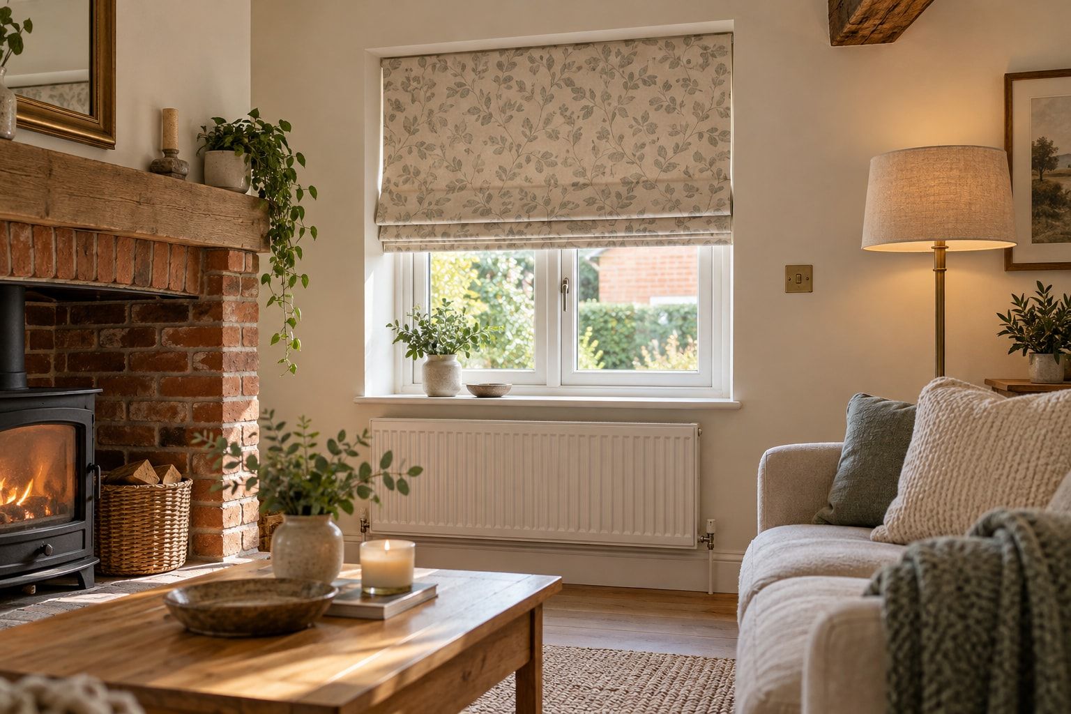 Cottage window with a patterned Roman blind