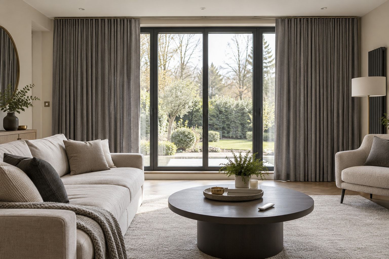Electric curtains with a remote control in a modern living room