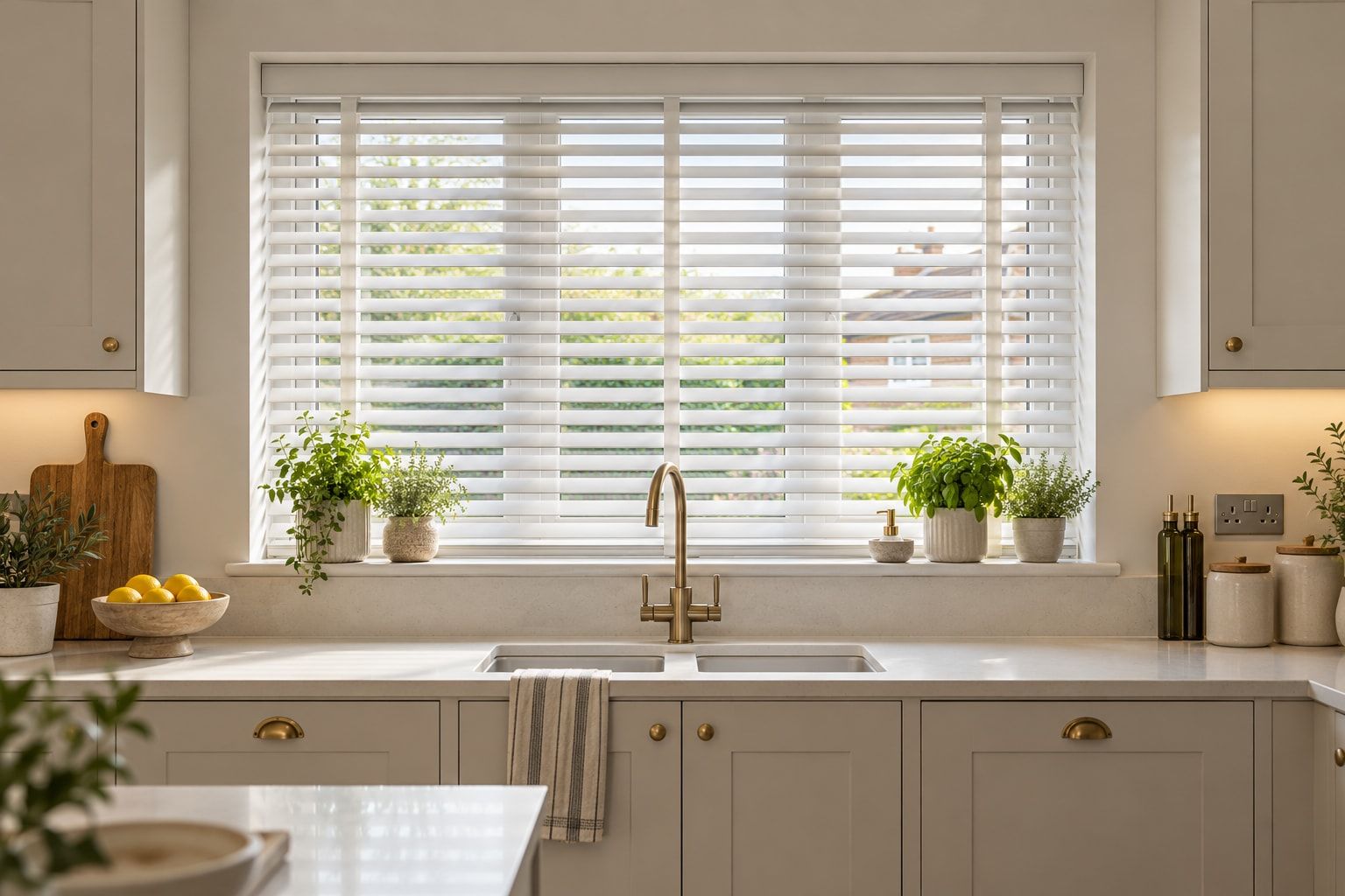 White faux wood Venetian blind above a kitchen sink
