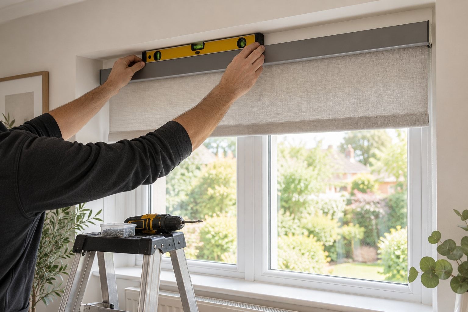 Fitter levelling a blind headrail
