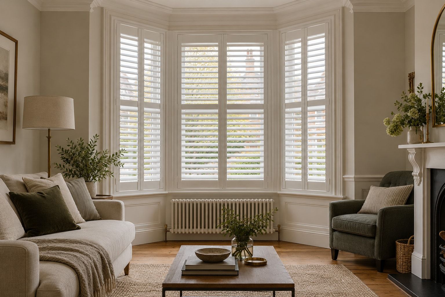 White full-height shutters in a Victorian bay window
