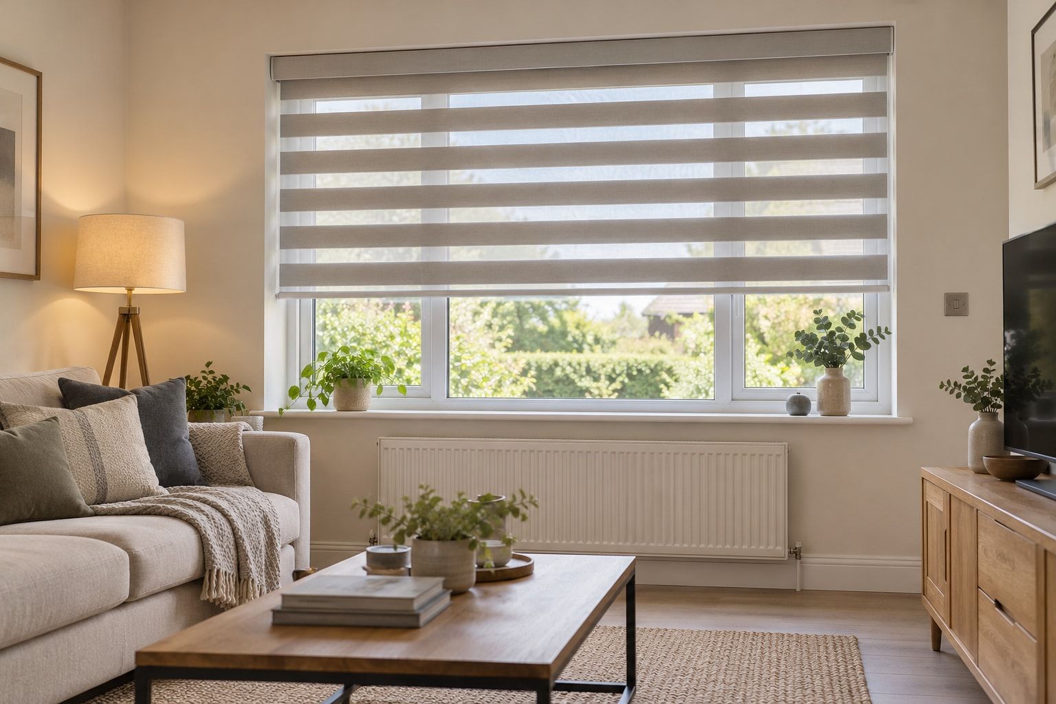 Family living room with a day and night blind