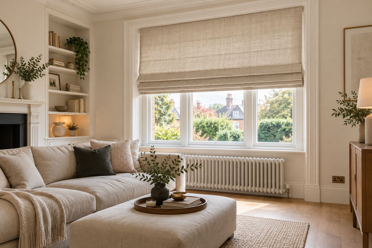 Living room with a cream Roman blind half-raised at a large window