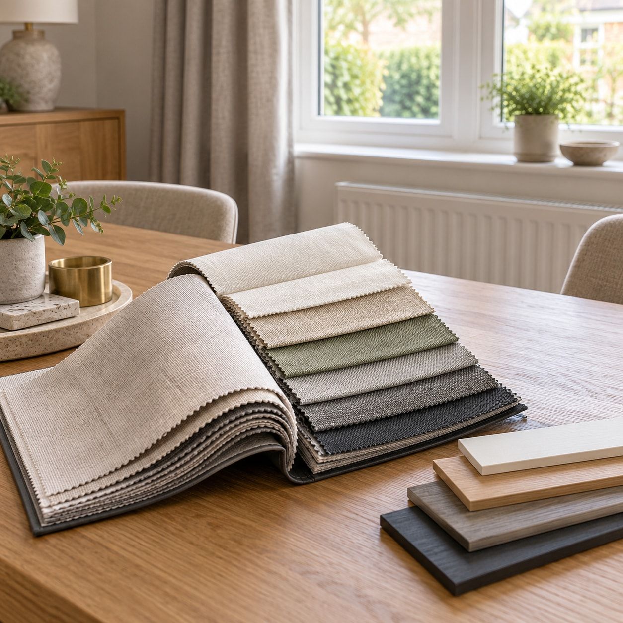 Fabric and wood samples for made-to-measure blinds