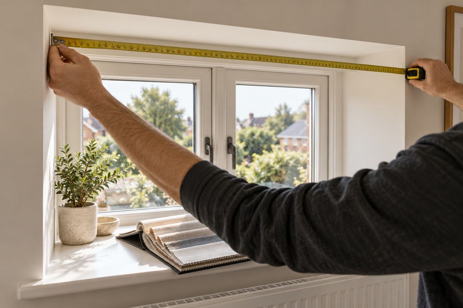 Fitter measuring a window recess during a home visit