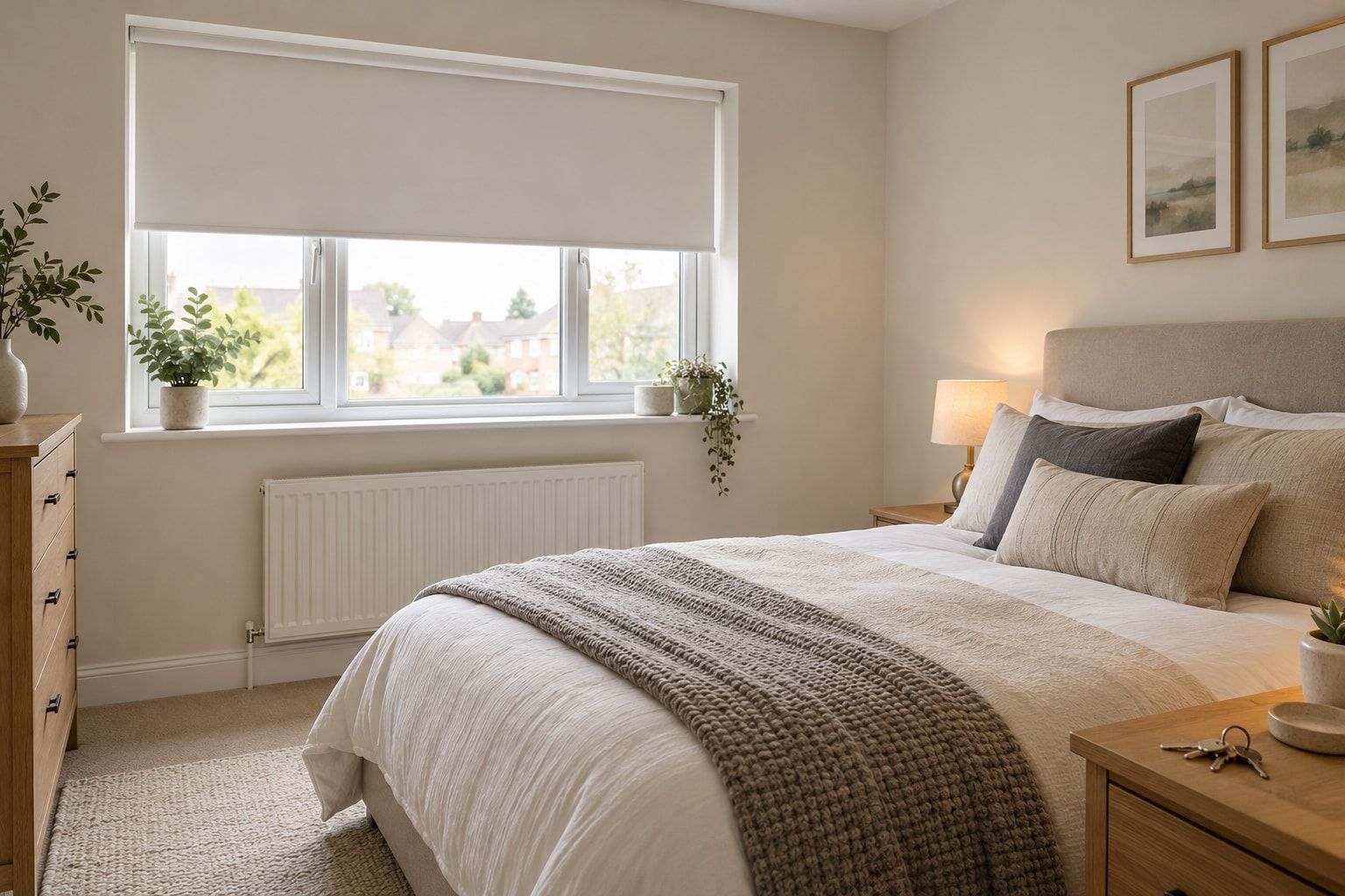 Rental bedroom with a white roller blind