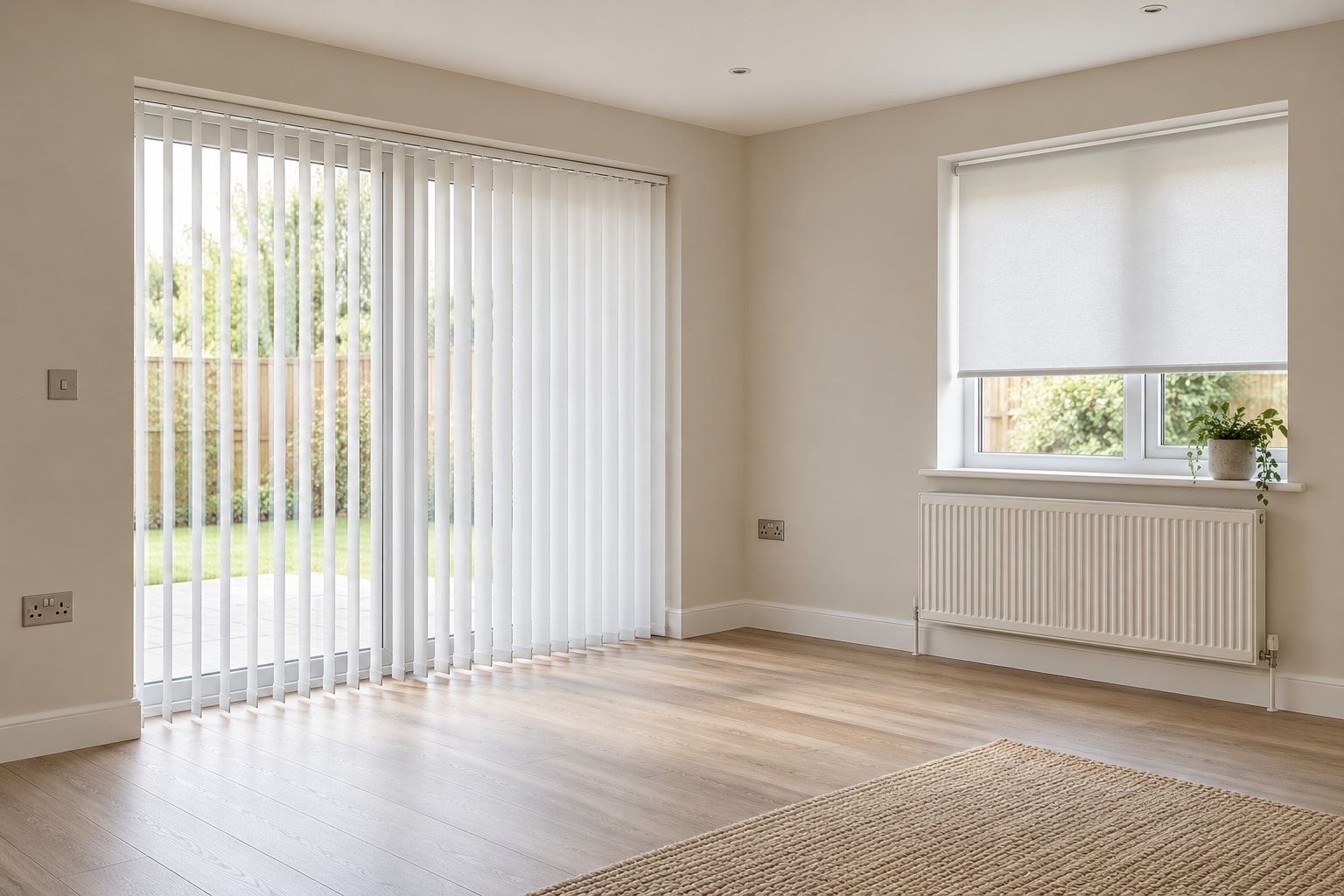Freshly decorated rental flat with vertical and roller blinds