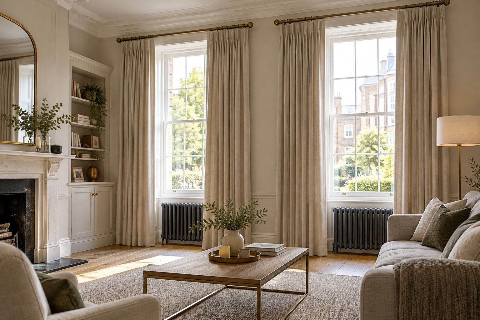 Townhouse drawing room with linen curtains