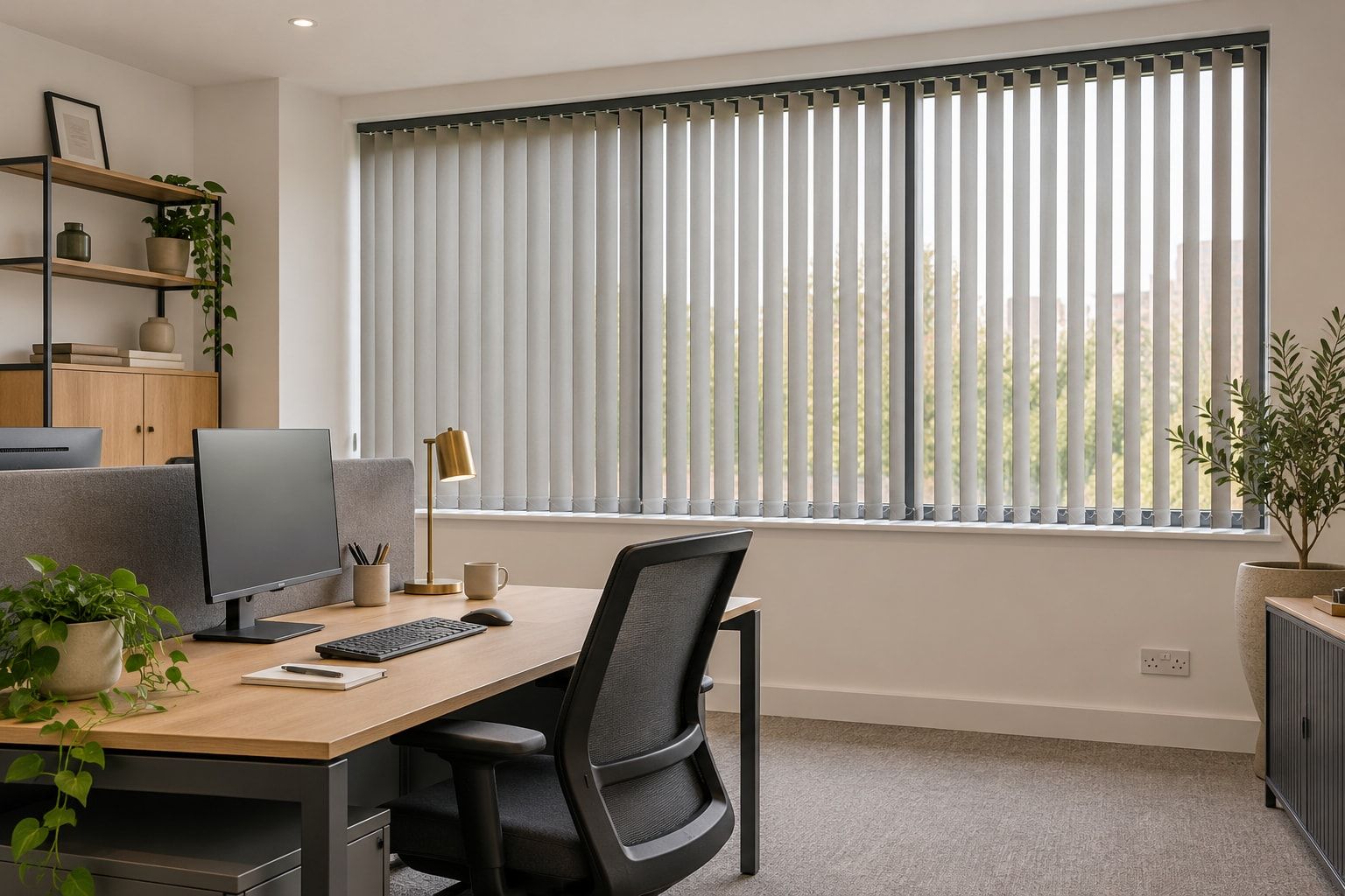 Office with vertical blinds angled against glare