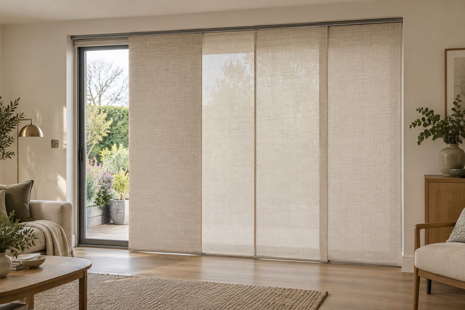 Fabric panel blinds on a wide patio door