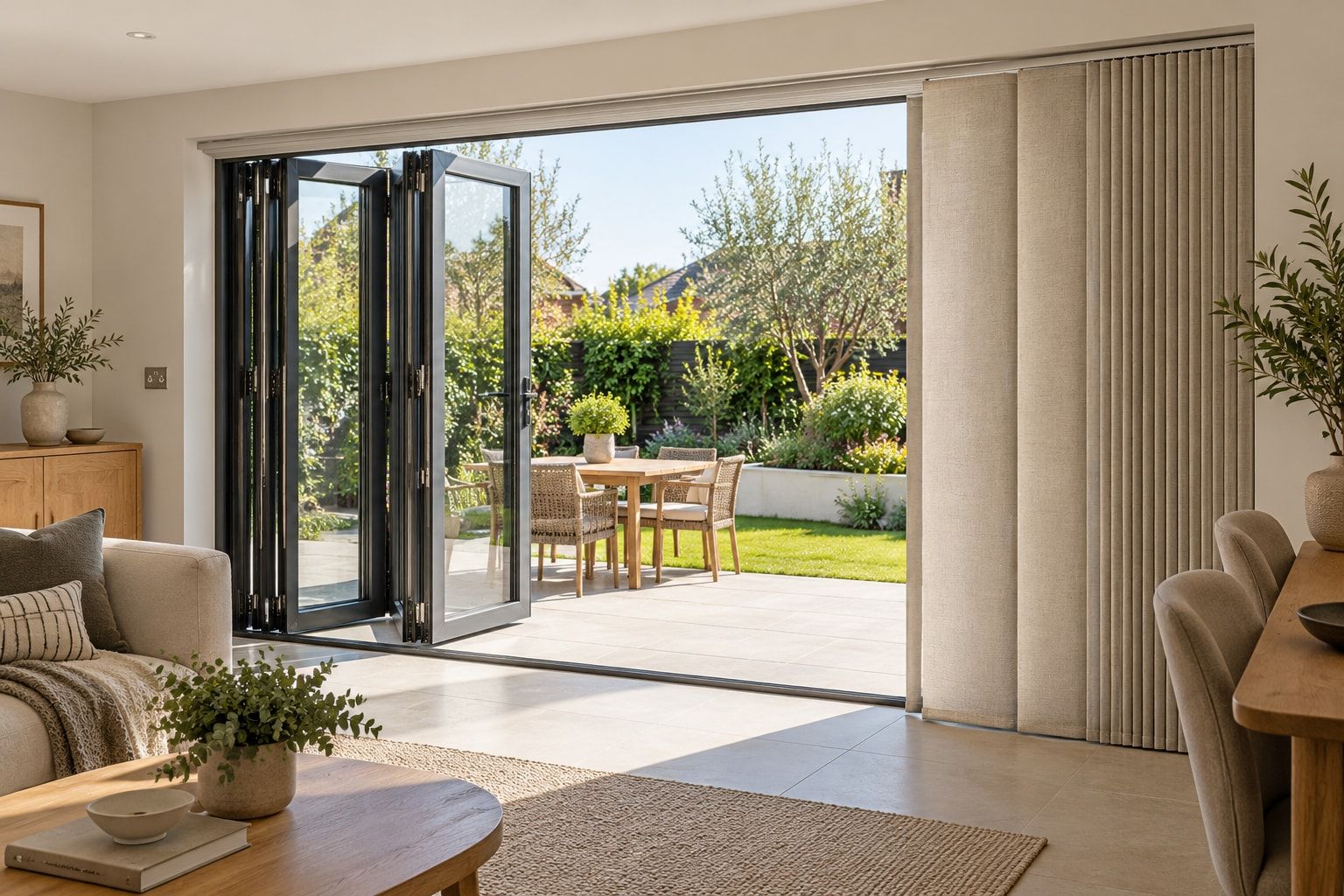 Bifold doors with panel blinds stacked aside