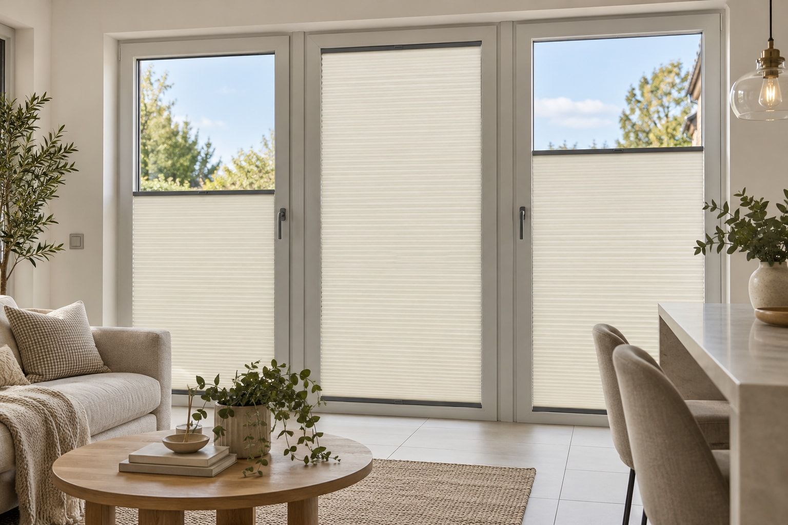 Cream pleated blinds on tilt-and-turn windows
