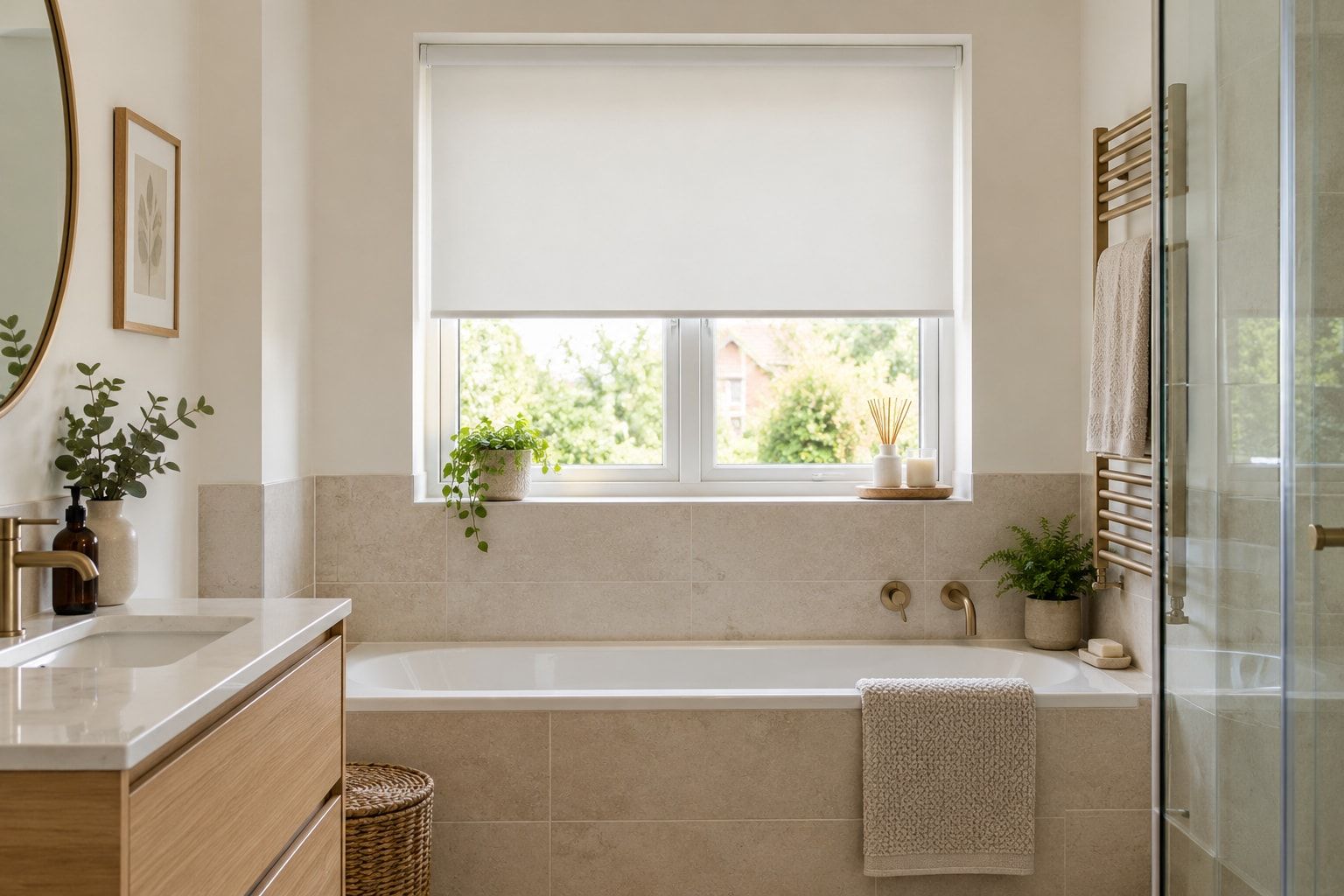 Family bathroom with a waterproof roller blind