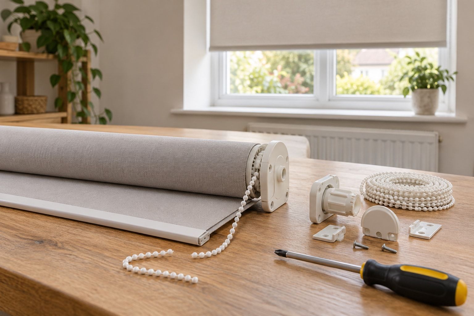 Broken roller blind next to replacement parts