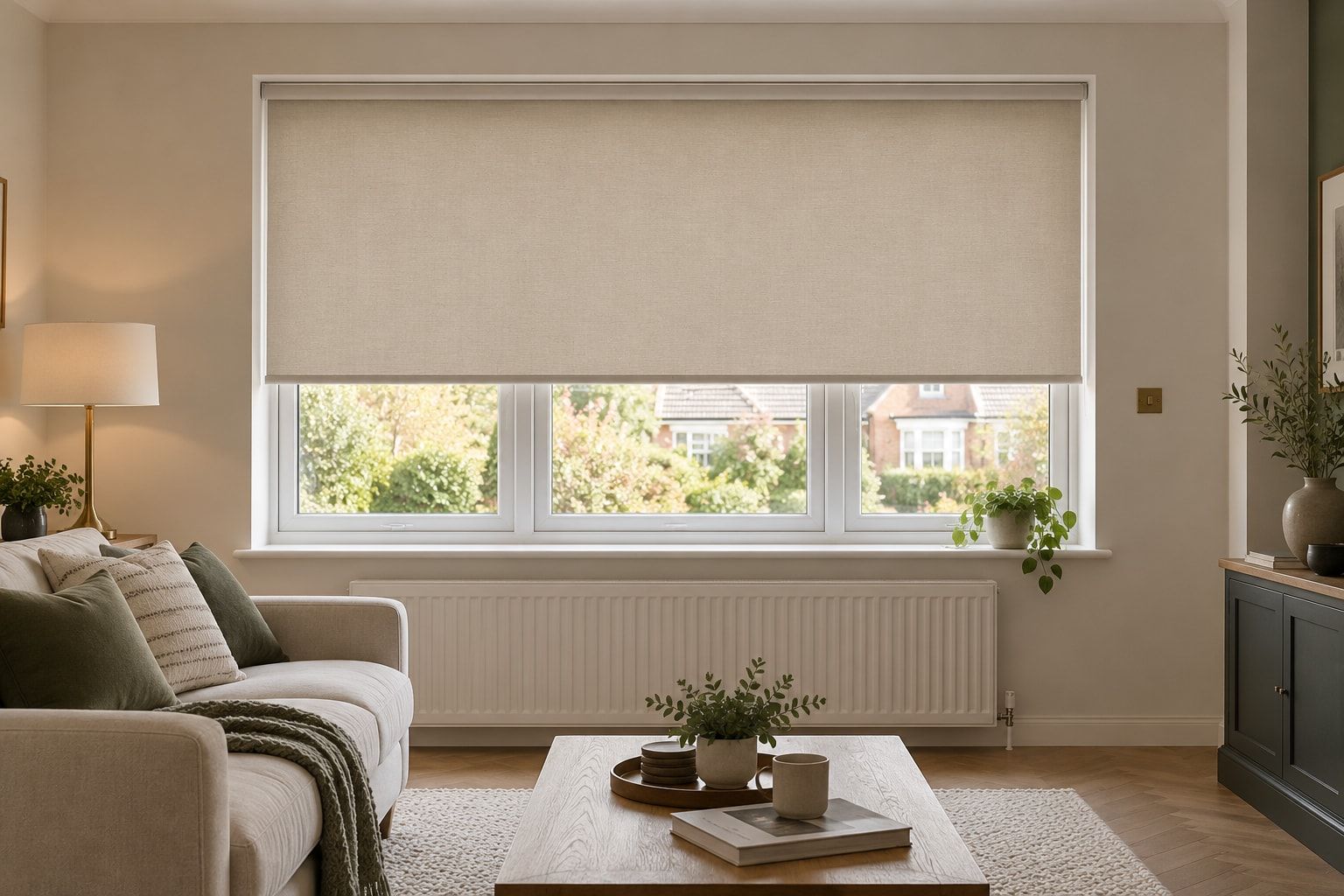 Oatmeal roller blind in a modern living room