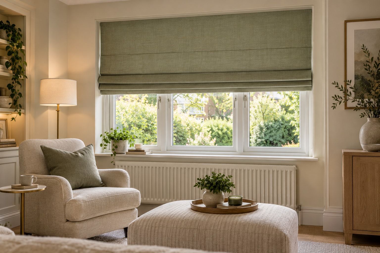 Sage linen Roman blind in a sitting room