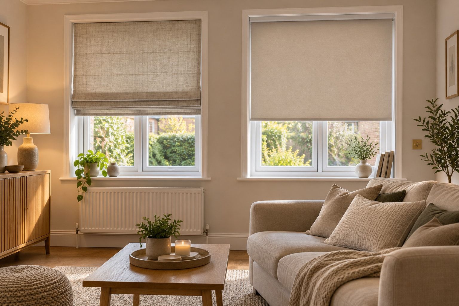 A Roman blind and a roller blind in one room