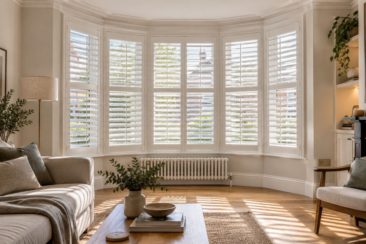 Bay window fitted with white full-height shutters