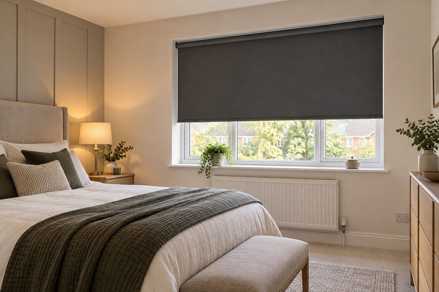 Bedroom with a charcoal blackout blind