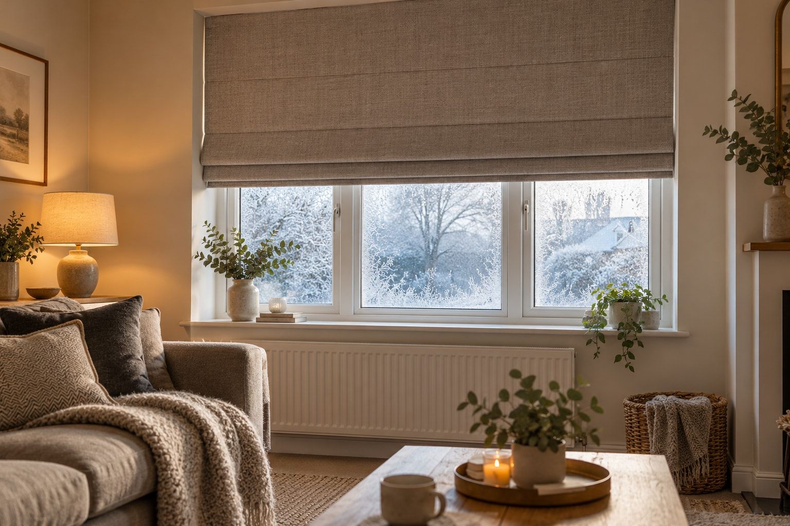 Thermal Roman blind on a frosty winter evening