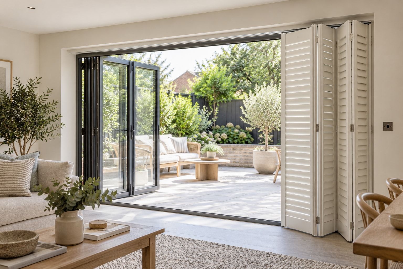 Tracked shutters folded back from bifold doors