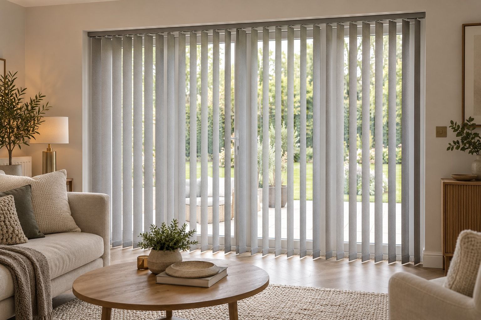 Pale grey vertical blinds on patio doors