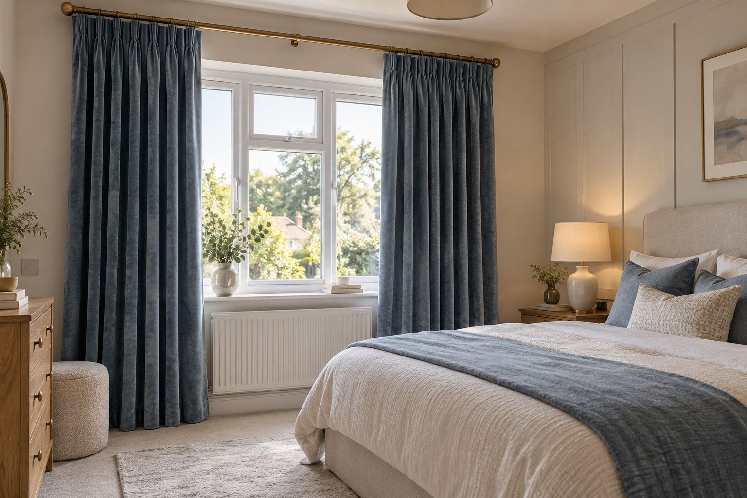 White voiles diffusing light in a front room