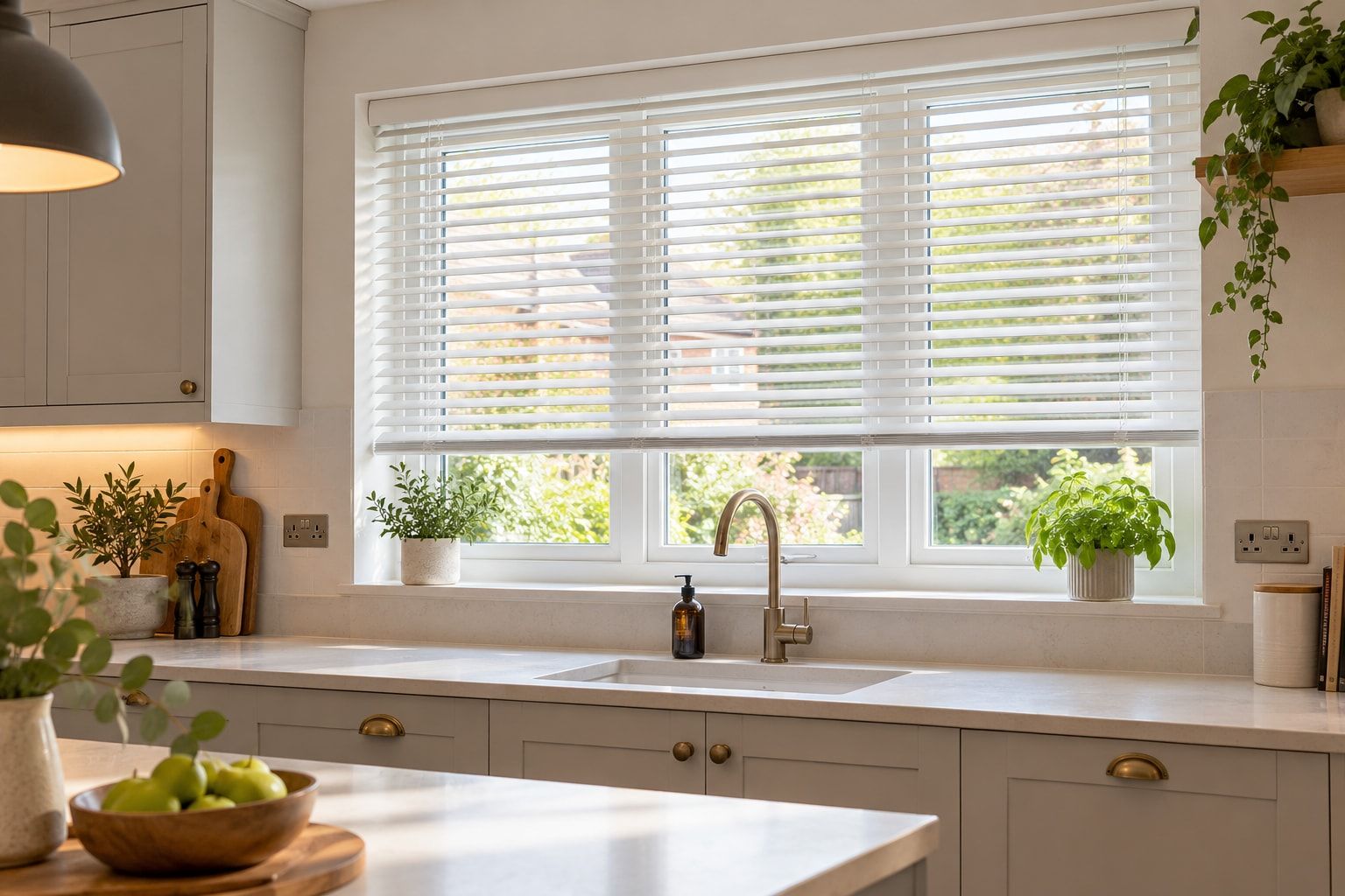 Family kitchen with a faux wood Venetian blind