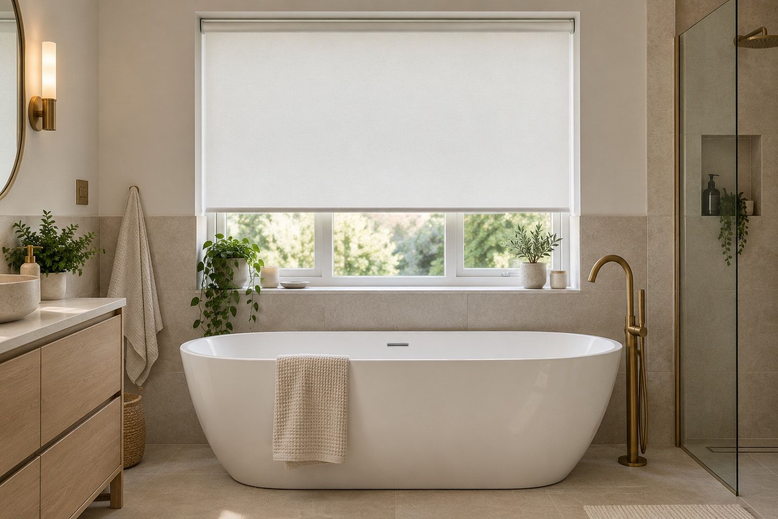 Waterproof roller blind in a bathroom