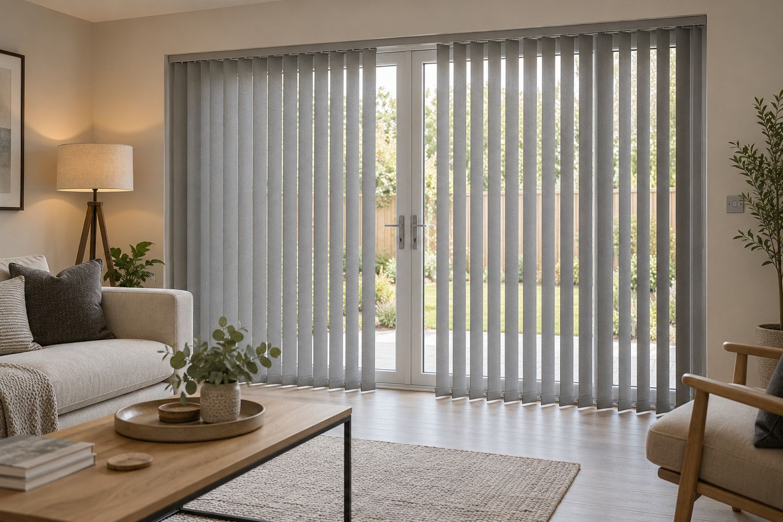 New-build living room with vertical blinds on patio doors