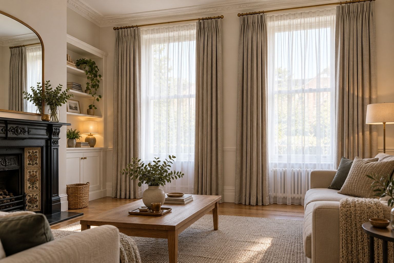 Sitting room with curtains over voiles