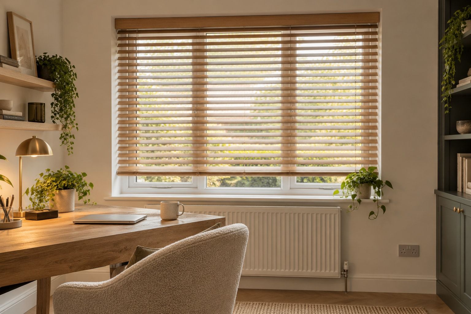 Oak wooden Venetian blind in a home study
